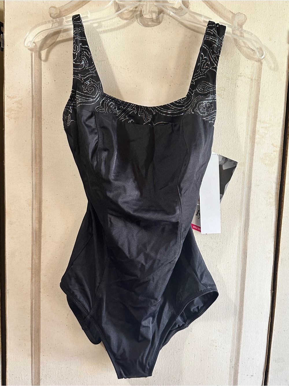 NWT Roxanne Classy-Sexy Black One-Piece Swimsuit w Sparkly Square Neck 34D/10